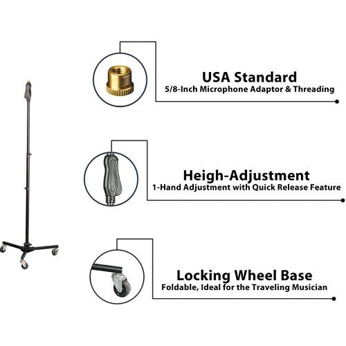 Pyle Pro Universal Easy-Grip Height-Adjustable Microphone Stand with Tripod & Wheels