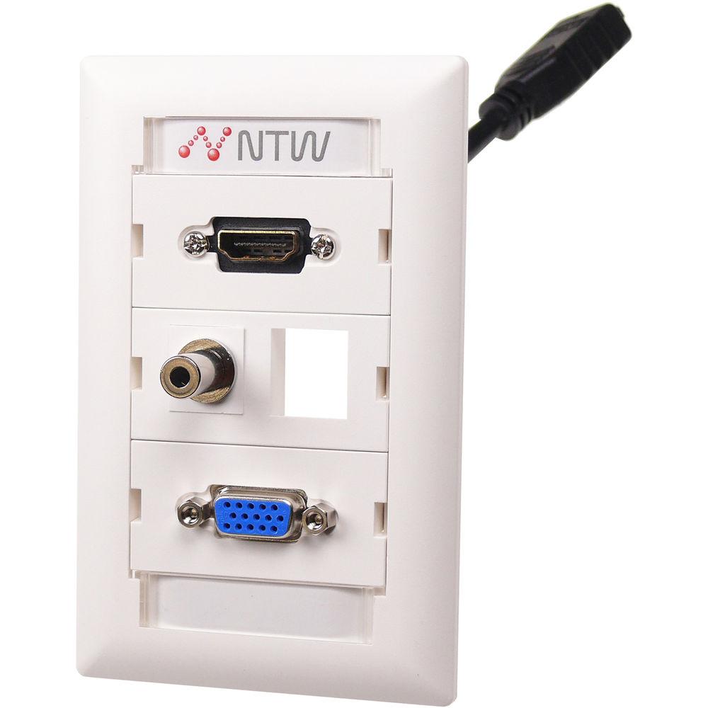 NTW Pre-Configured Customizable UniMedia Wall Plate with HDMI Pigtail, VGA, 1 8" Audio Pass-Through, & One Blank Module