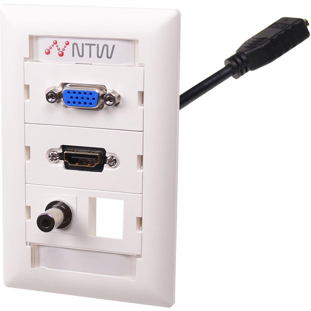 NTW Pre-Configured Customizable UniMedia Wall Plate with HDMI Pigtail, VGA, 1 8" Audio Pass-Through, & One Blank Module