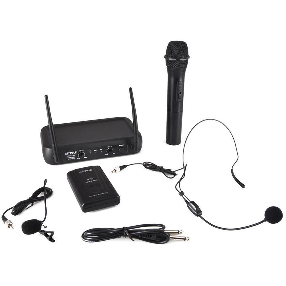 Pyle Pro PDWM2140 VHF Dual-Frequency Wireless System with Handheld, Lavalier, and Headset Microphones