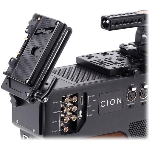 Wooden Camera Battery Slide with Gold Mount Plate and AJA CION Molex Connector