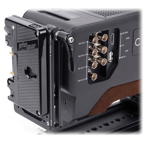 Wooden Camera Battery Slide with Gold Mount Plate and AJA CION Molex Connector