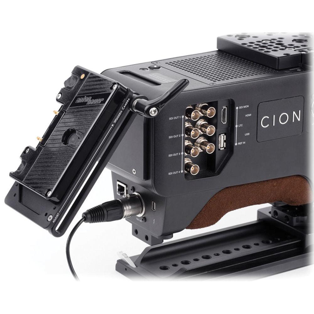 Wooden Camera Battery Slide with Gold Mount Plate and AJA CION Molex Connector