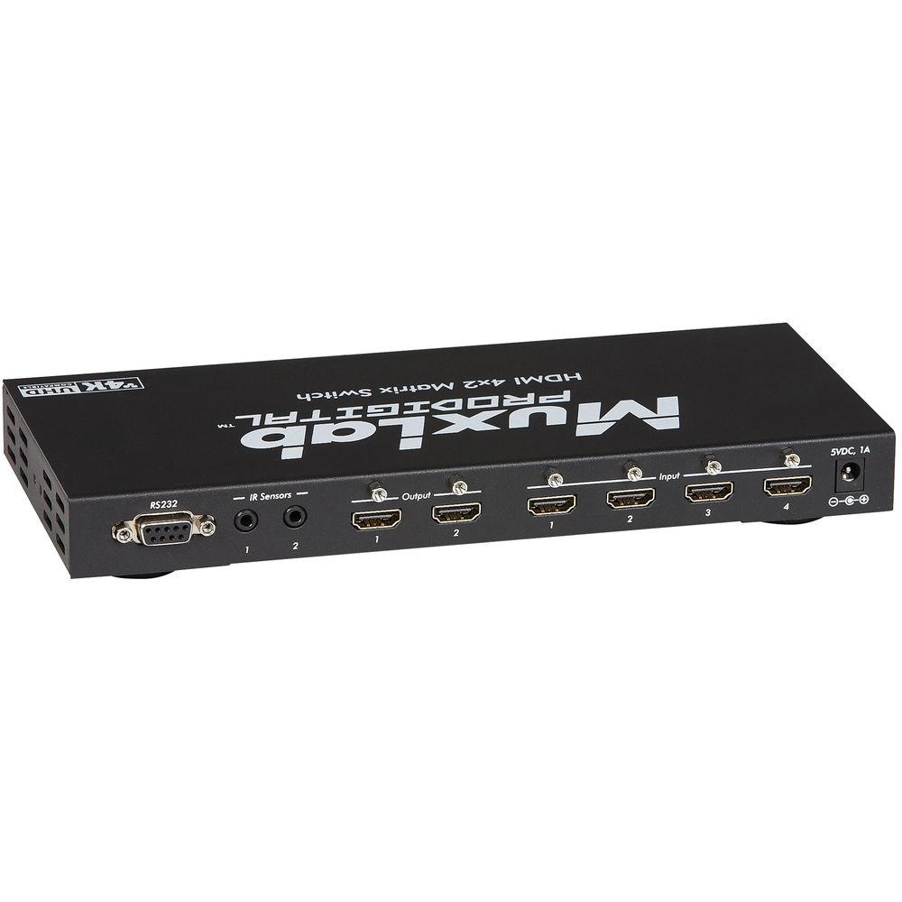 MuxLab 4K HDMI 4x2 Matrix Switch with 3 IR Sensors and 4 IR Emitters