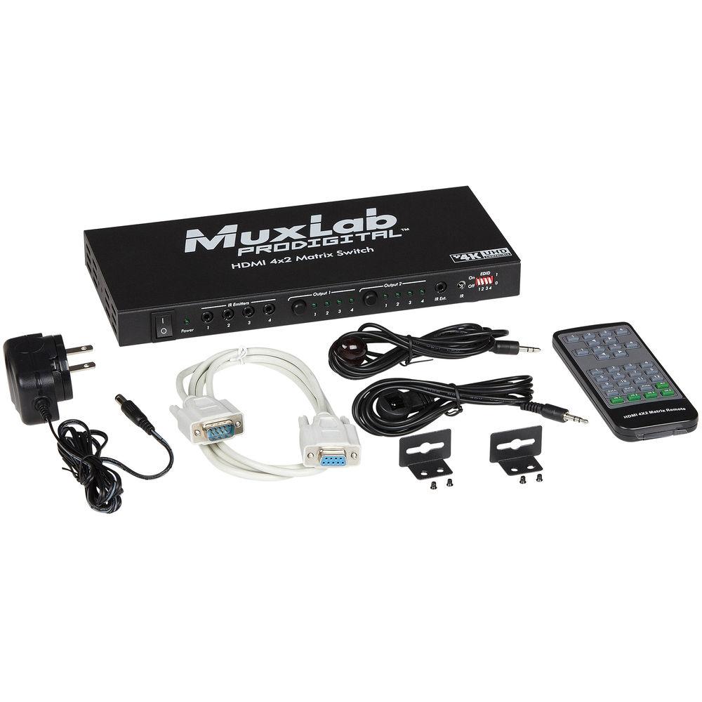 MuxLab 4K HDMI 4x2 Matrix Switch with 3 IR Sensors and 4 IR Emitters