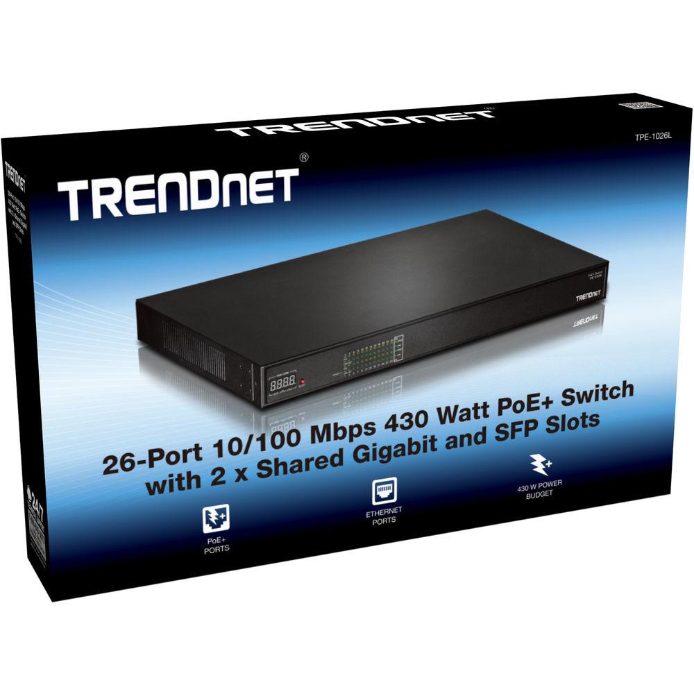 TRENDnet TPE-1026L 24-Port 10 100 Mbps 400 Watt AV PoE Switch with 2 SFP Slots