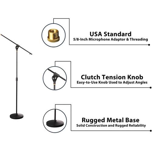 Pyle Pro Universal Compact Base Microphone Stand with Adjustable & Extendable Boom