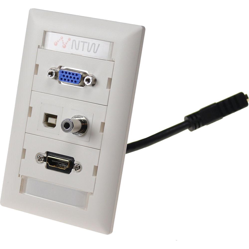 NTW Pre-Configured Customizable UniMedia Wall Plate with HDMI Pigtail, VGA, 1 8" Audio, & USB Pass-Through