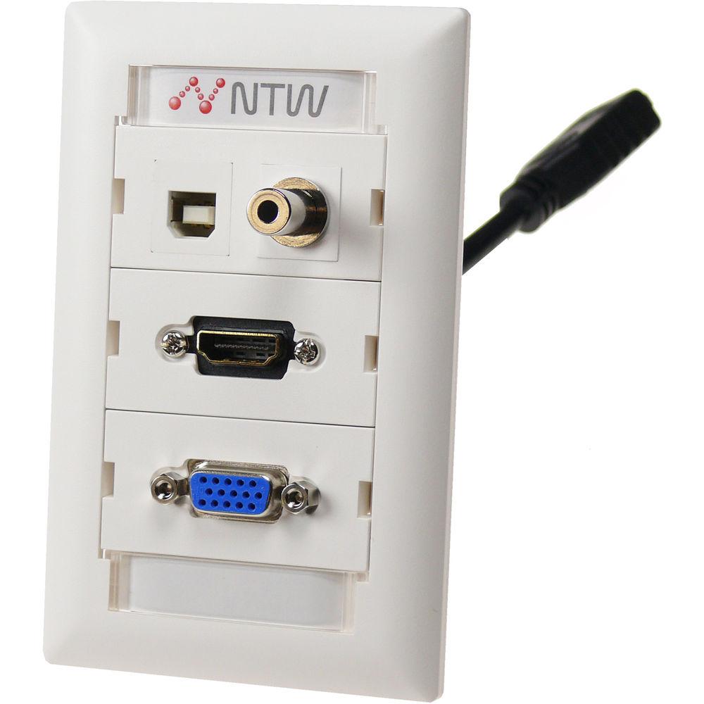 NTW Pre-Configured Customizable UniMedia Wall Plate with HDMI Pigtail, VGA, 1 8" Audio, & USB Pass-Through