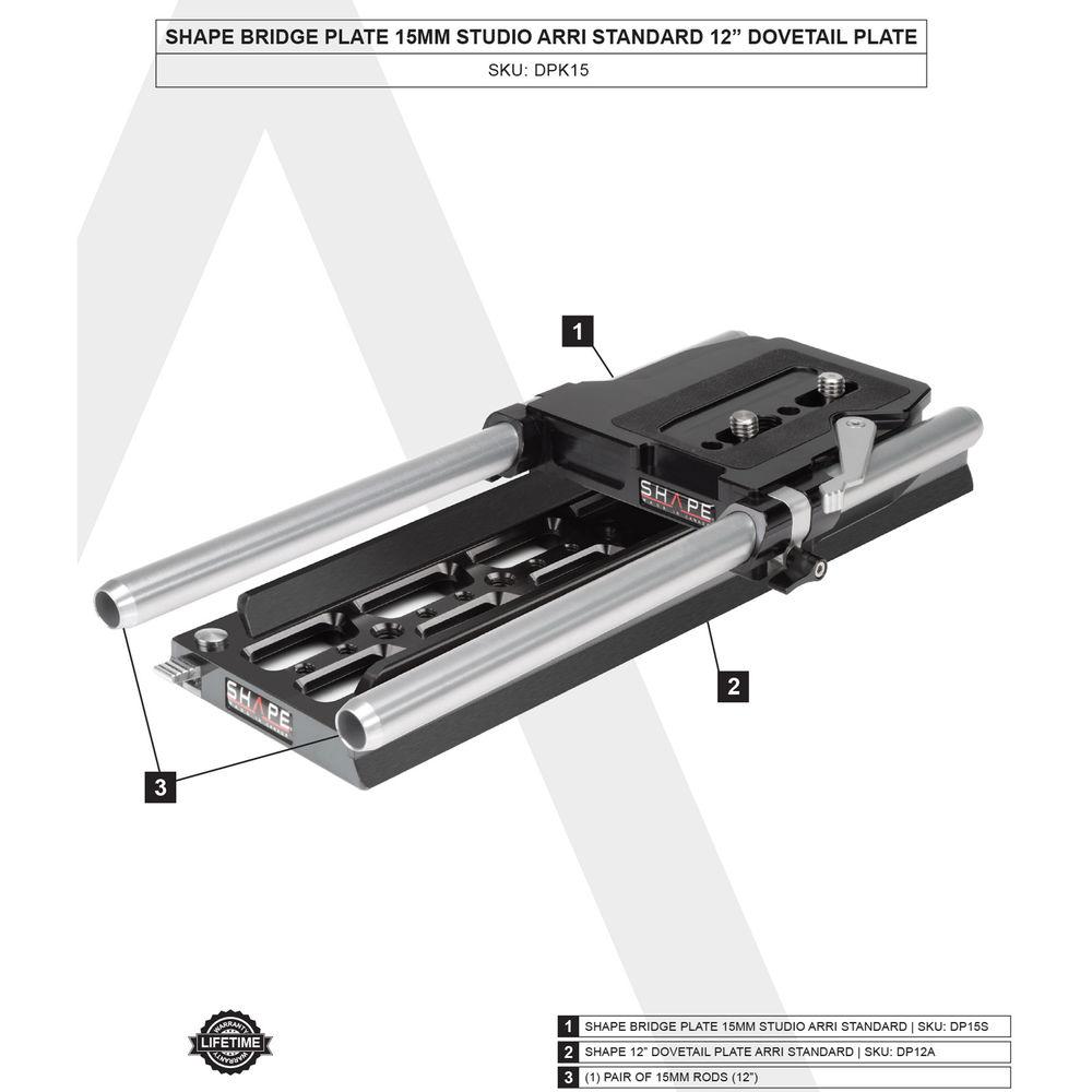 SHAPE ARRI Standard Studio Bridgeplate and 12" Dovetail Plate with 15mm Rods