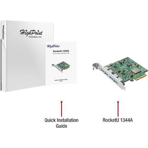 HighPoint RocketU 1344A 4-Port USB 3.1 Gen 2 PCIe 3.0 x4 HBA Controller Card, HighPoint, RocketU, 1344A, 4-Port, USB, 3.1, Gen, 2, PCIe, 3.0, x4, HBA, Controller, Card