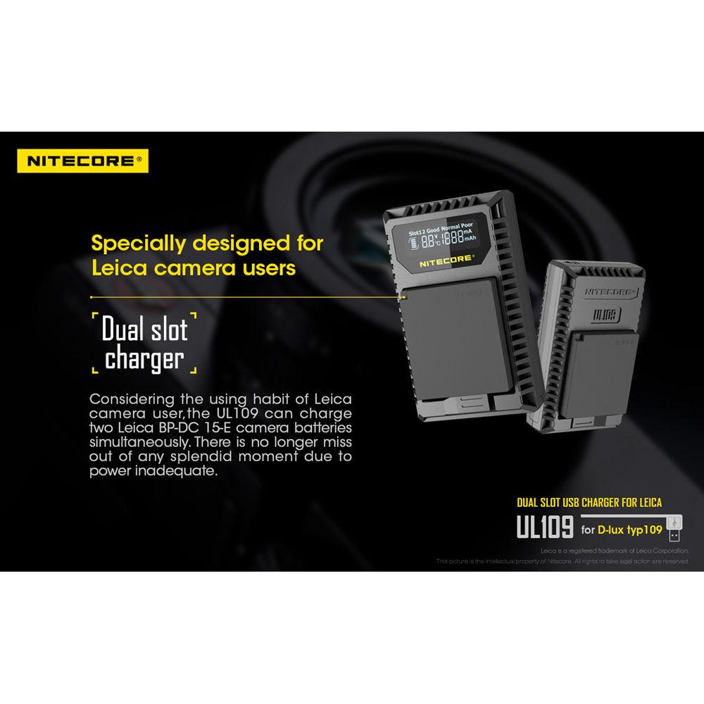 Nitecore UL109 Dual-Slot USB Charger for Leica BP-DC15-E Battery