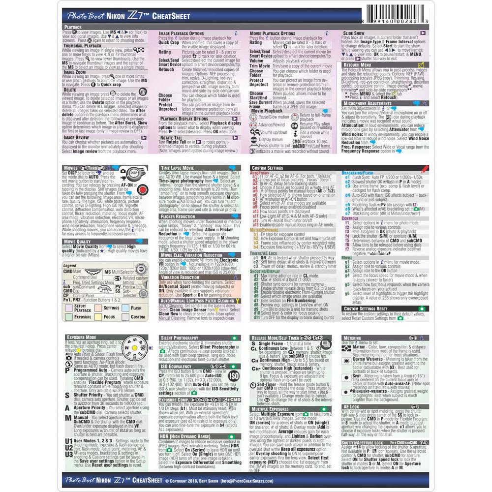 PhotoBert CheatSheet for Nikon Z 7 Digital Mirrorless Camera
