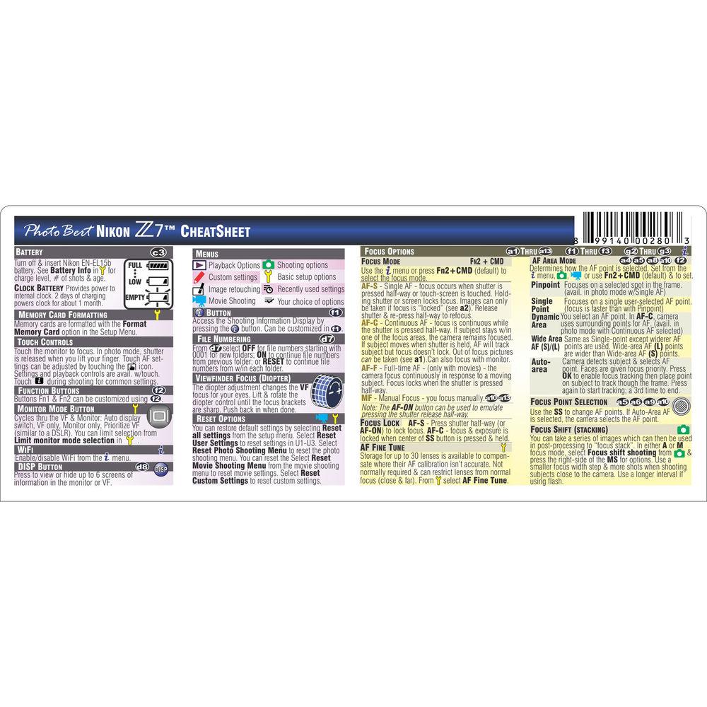 PhotoBert CheatSheet for Nikon Z 7 Digital Mirrorless Camera