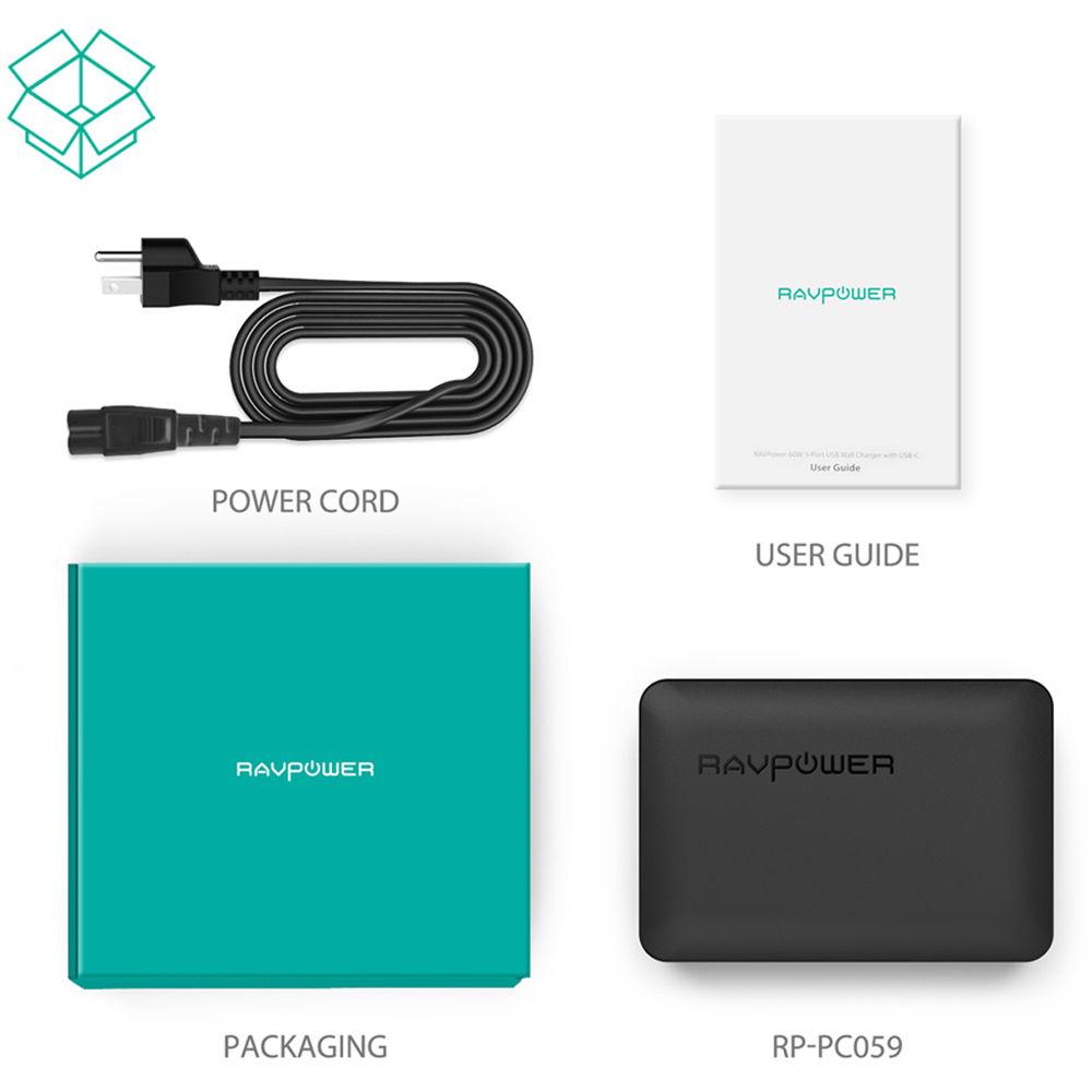 RAVPower 60W 5-Port USB Type-A Wall Charger with USB Type-C PD