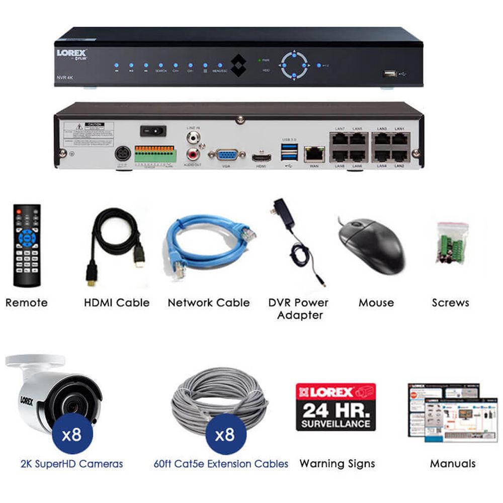 Lorex 8-Channel 4K NVR with 2TB HDD & Eight 4MP Outdoor Cameras with Color Night Vision