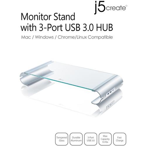 j5create Aluminum & Tempered Glass Monitor Stand with USB Hub