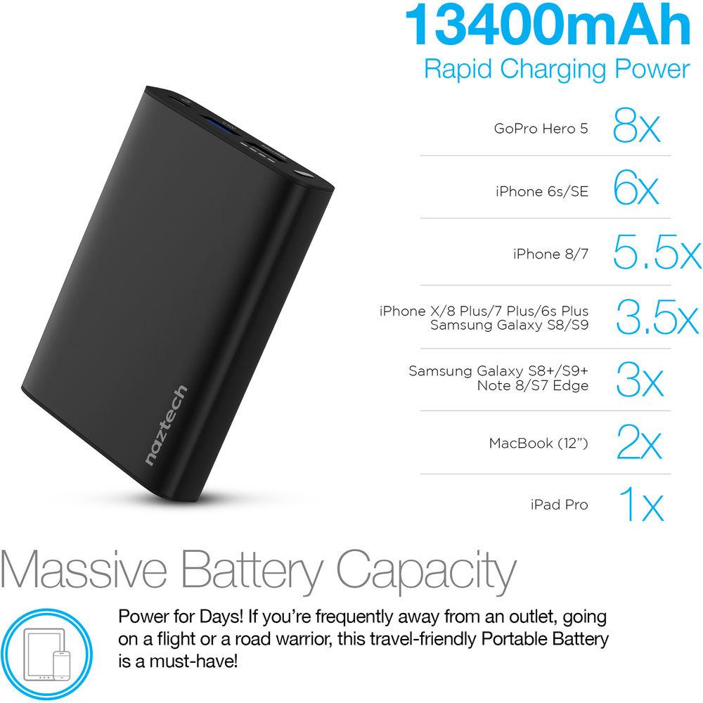 Naztech 18W 13,400mAh USB Type-C PD Portable Battery with QC 3.0 Fast Charge