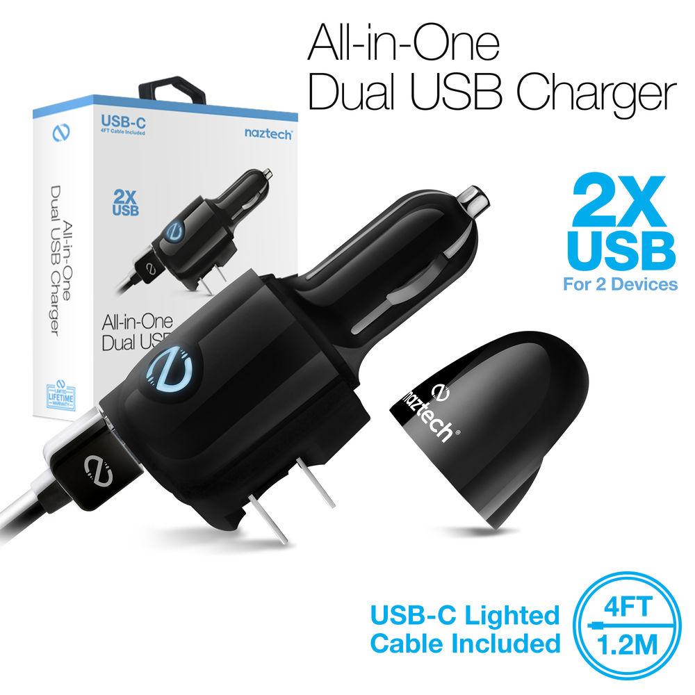 Naztech N321 All-In-One Dual USB Charger with Lighted USB Type-C Flat Cable