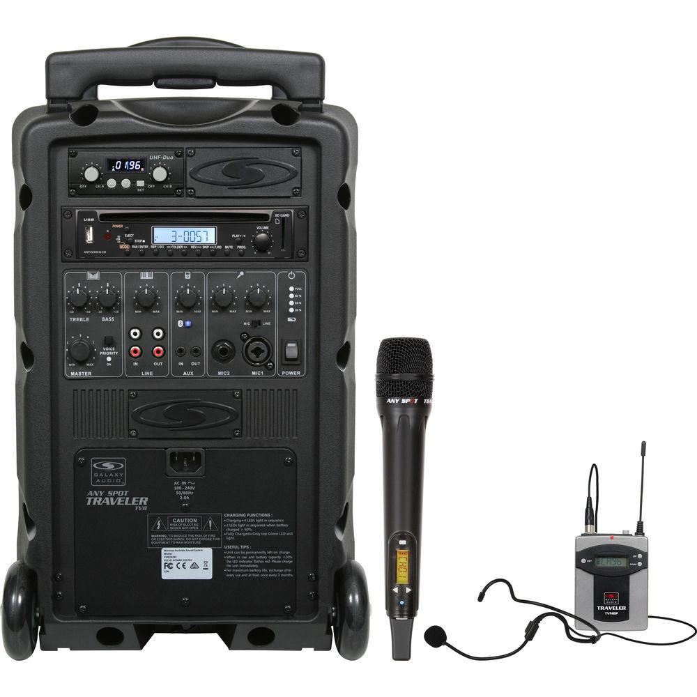 Galaxy Audio TV8 Traveler Series 120W PA System with CD Player, Dual UHF Receiver, Wireless Handheld Microphone, Bodypack Transmitter, and Headset Microphone
