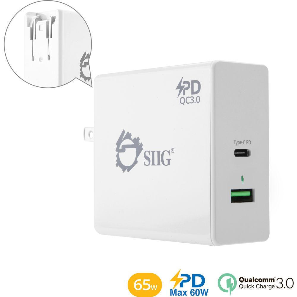 SIIG 65W USB Type-C Wall Charger with Power Delivery and QC 3.0 USB Port