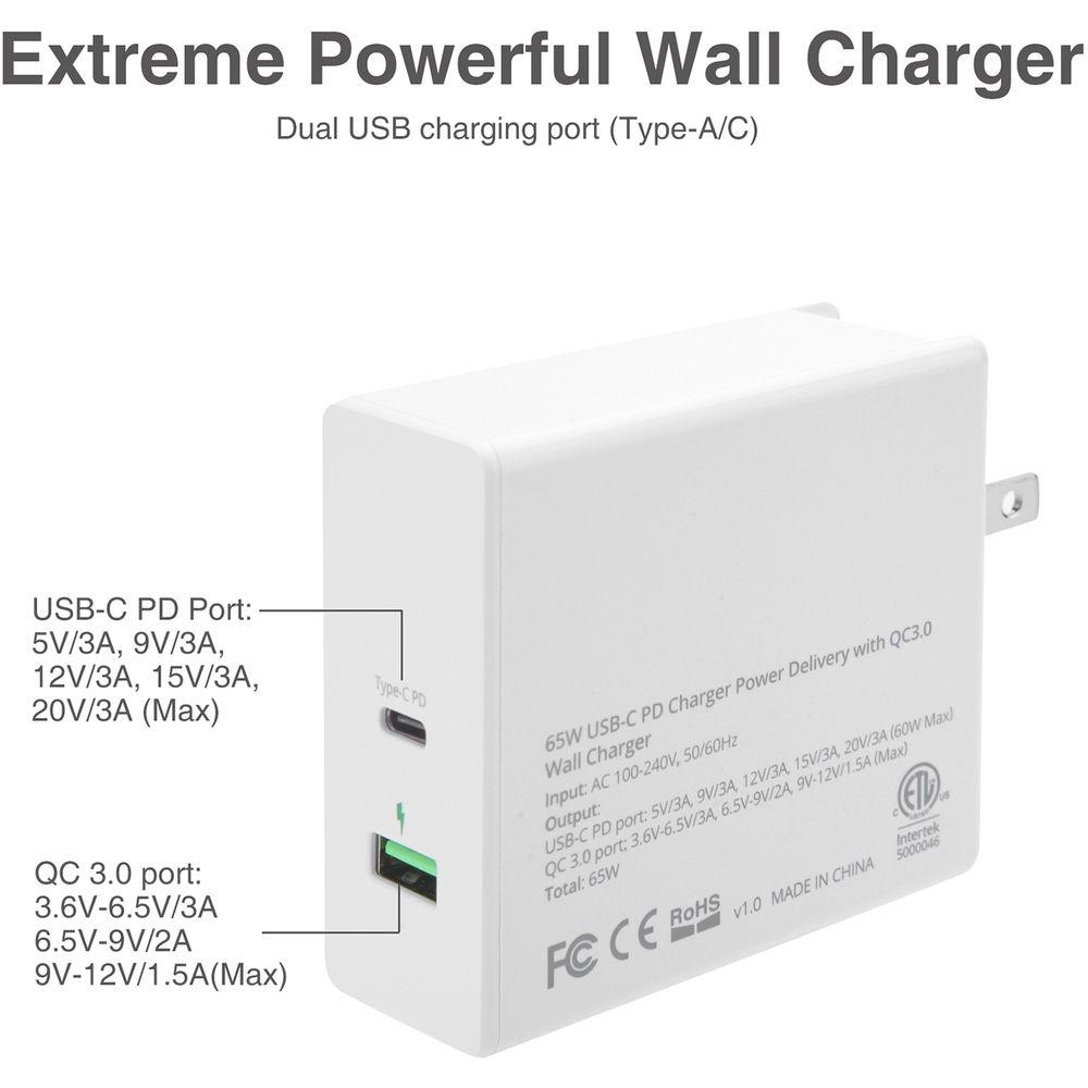 SIIG 65W USB Type-C Wall Charger with Power Delivery and QC 3.0 USB Port