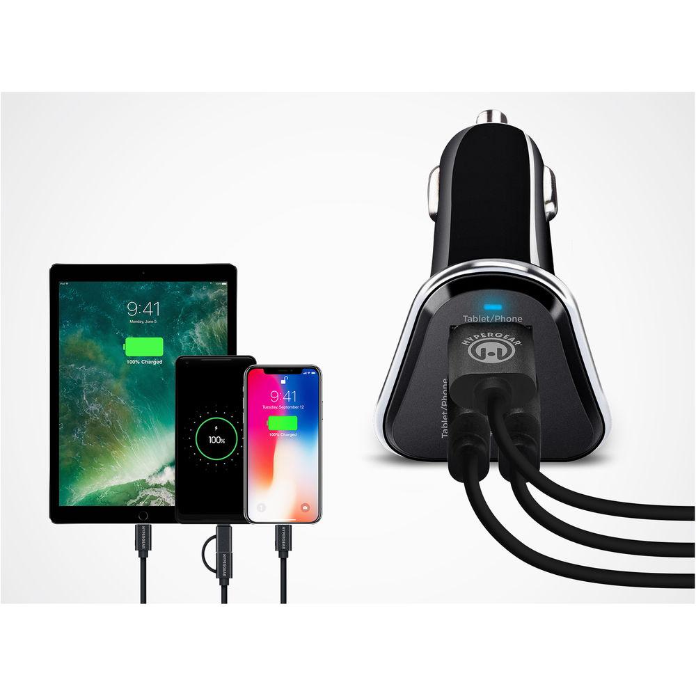 HyperGear 7.2A Triple USB Type-A Car Charger with Hybrid Cable