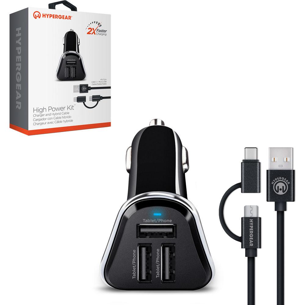 HyperGear 7.2A Triple USB Type-A Car Charger with Hybrid Cable