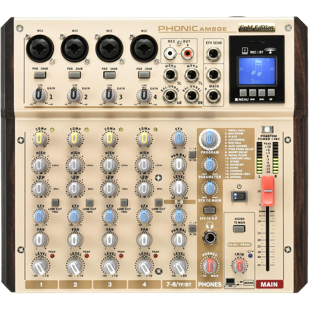 Phonic AM8GE - AM Gold Edition Compact Mixer with DFX, Bluetooth, TF Recorder, and USB Interface