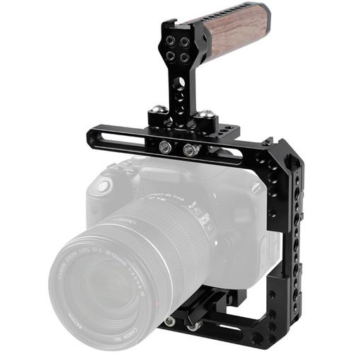 CAMVATE Adjustable Cage with Wooden Top Handle and Manfrotto QR Baseplate for DSLRCameras