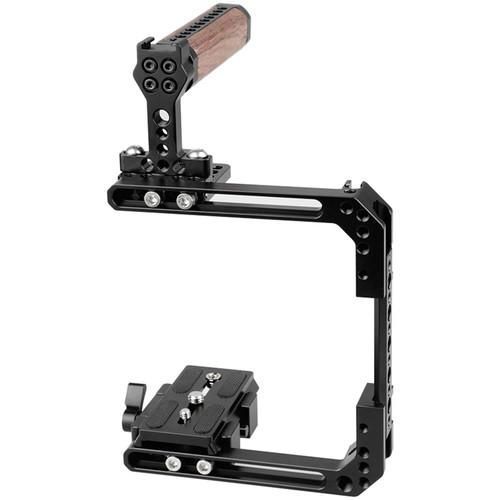 CAMVATE Adjustable Cage with Wooden Top Handle and Manfrotto QR Baseplate for DSLRCameras