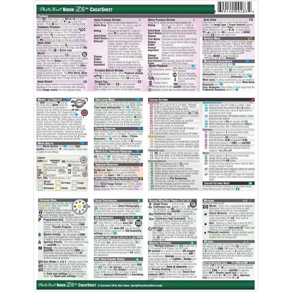 PhotoBert CheatSheet for Nikon Z 6 Digital Mirrorless Camera
