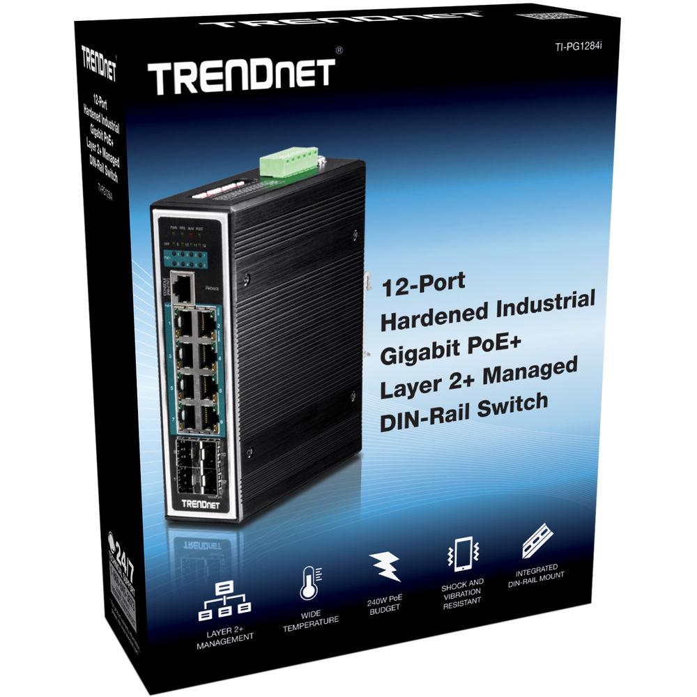 TRENDnet 12-Port Hardened Industrial Gigabit PoE Layer 2 Managed DIN-Rail Switch