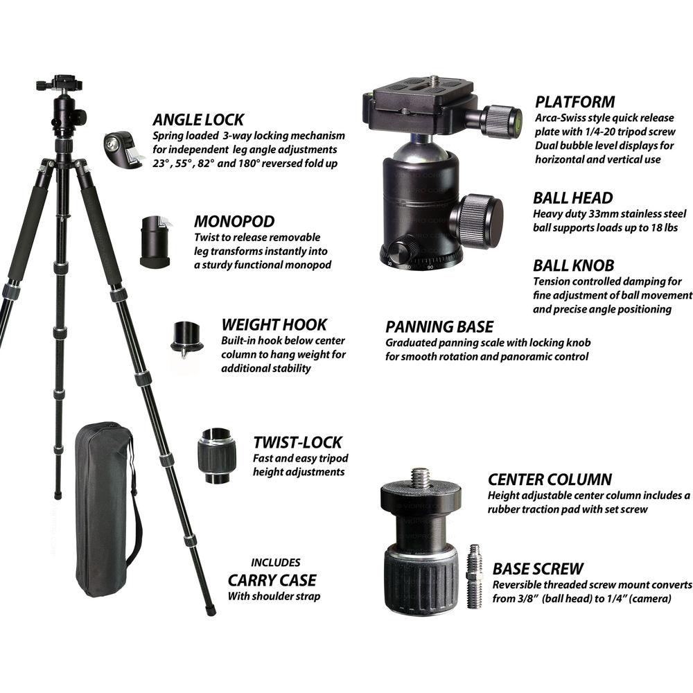 Vidpro AT-52 VentureMaxx 52" Professional Aluminum Travel Tripod with Quick Release Ball Head