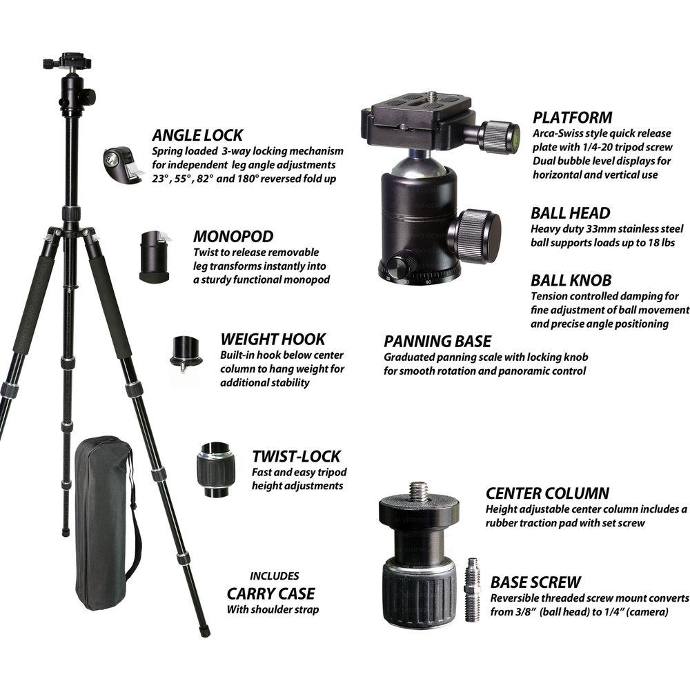Vidpro AT-62 VentureMaxx 62" Professional Aluminum Travel Tripod with Quick Release Ball Head