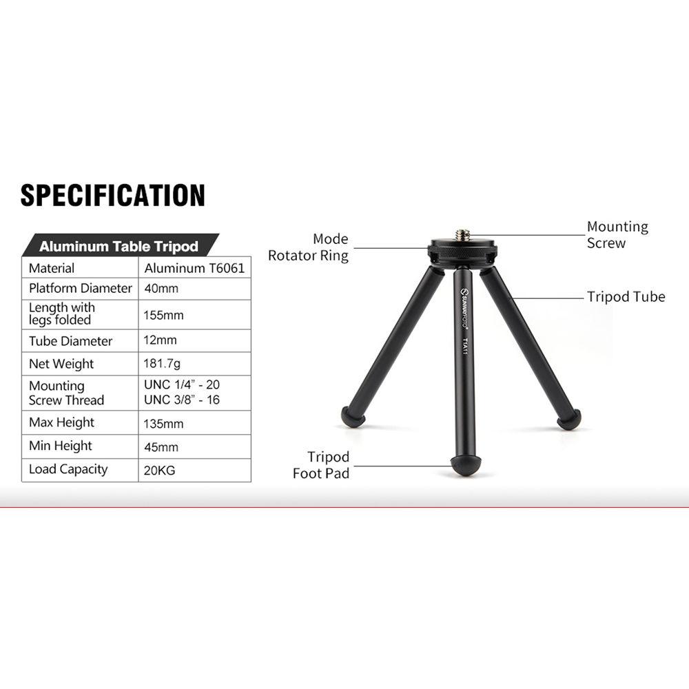 Sunwayfoto T1A11-II Aluminum Tabletop Tripod
