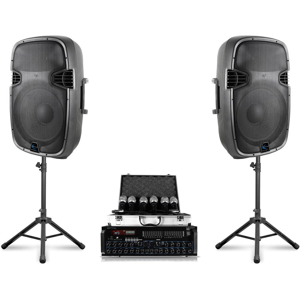 Technical Pro Stage Series Bluetooth StagePack12 V2 PA with Mic Mixer Amplifier, 6 Microphones, 2 Speakers, and More