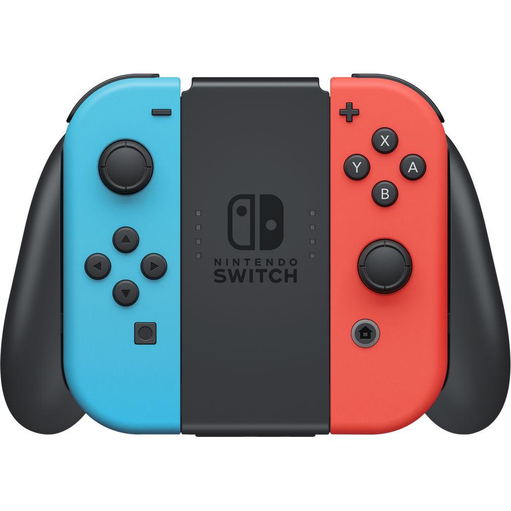 Nintendo Switch with Neon Blue and Red Controllers