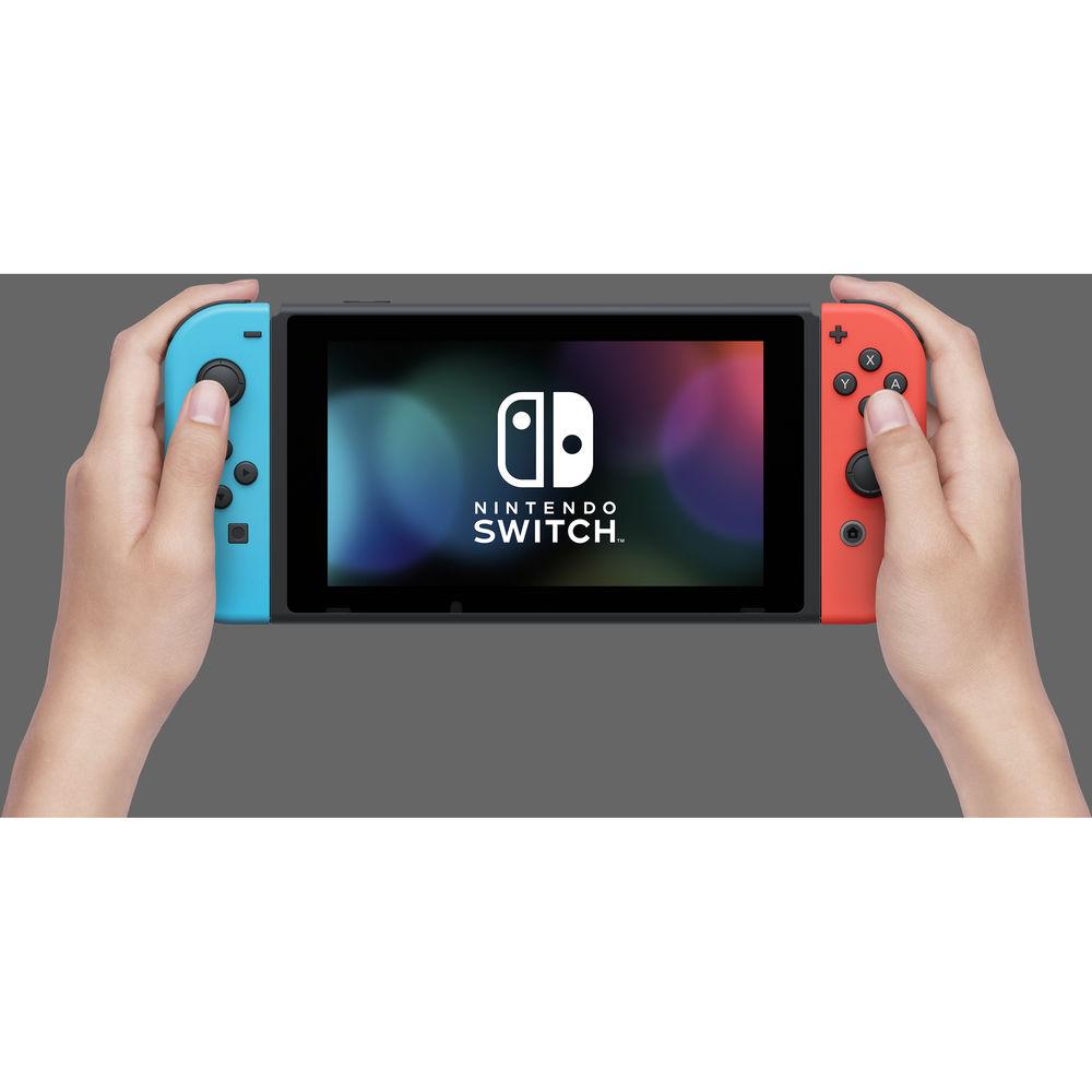 Nintendo Switch with Neon Blue and Red Controllers