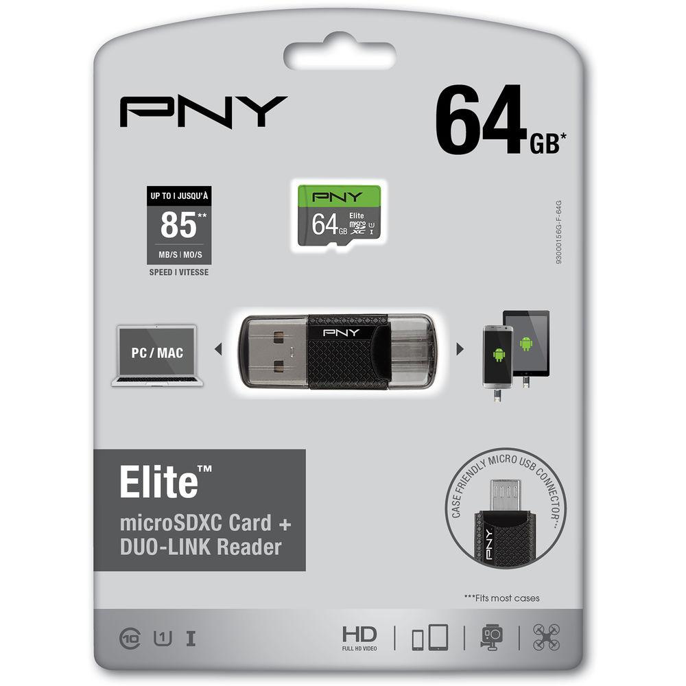 PNY Technologies 64GB Elite microSDXC Memory Card with OTG Card Reader