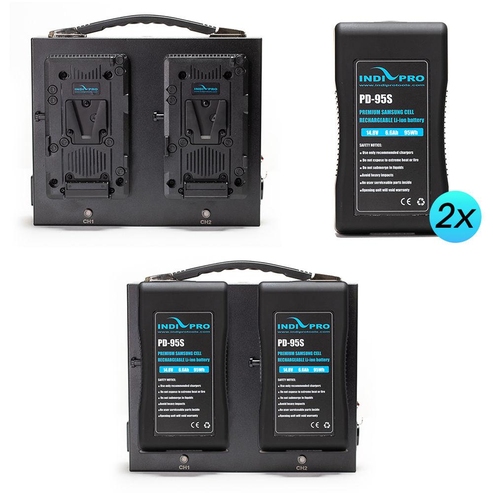 IndiPRO Tools 2x Compact 95Wh V-Mount Li-Ion Batteries with Dual Fusion V-Mount Charger