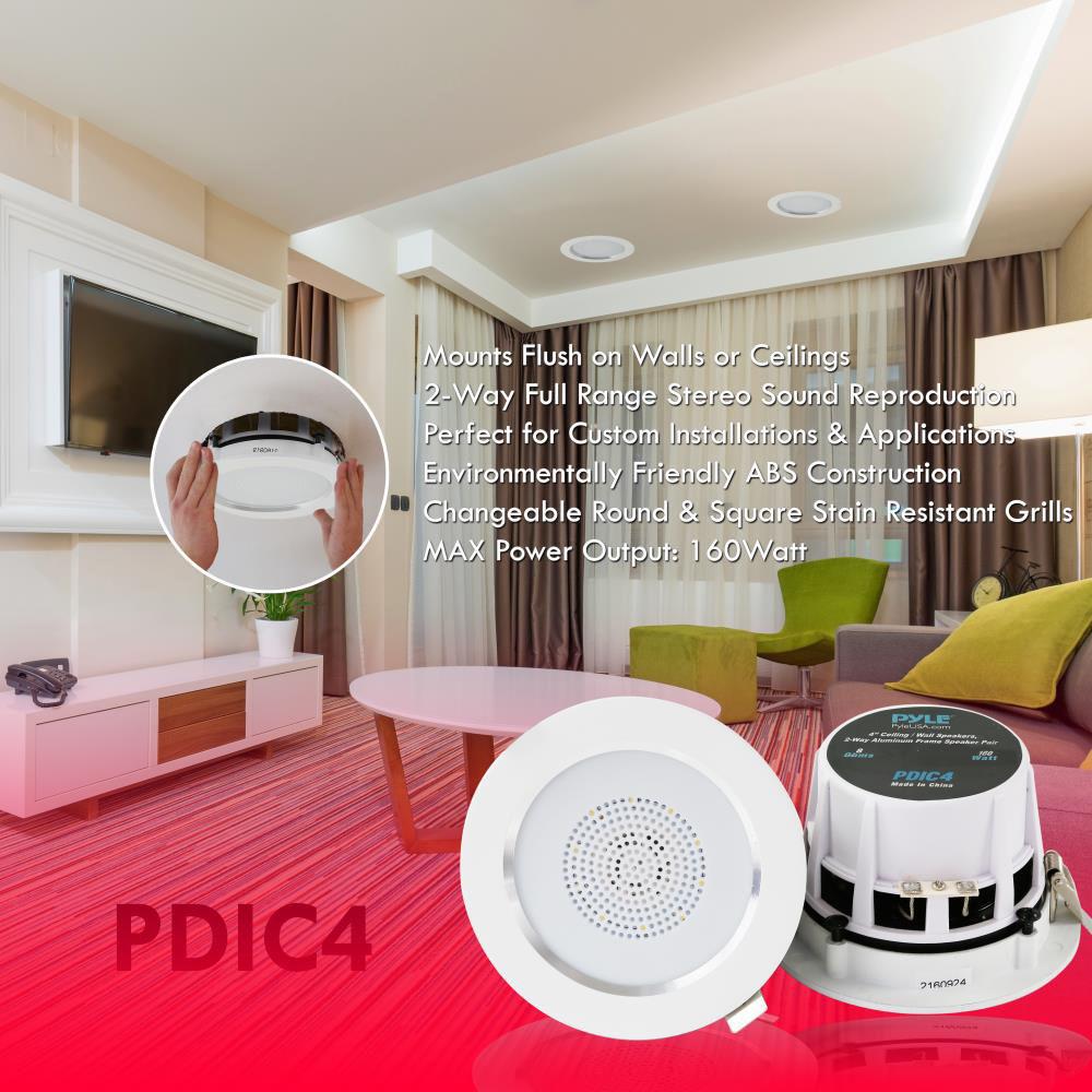 Pyle Pro PDIC4 4" Ceiling Wall 160W 2-Way Aluminum Frame Speakers
