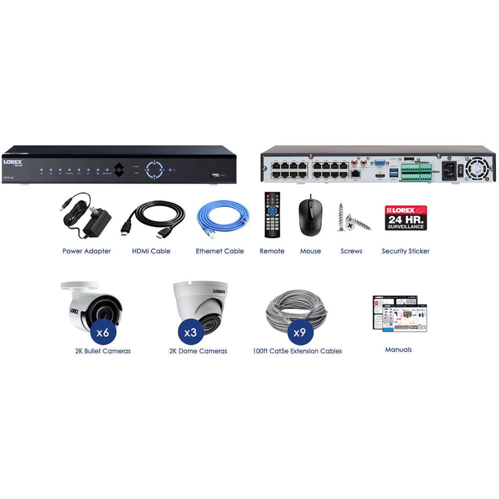 Lorex 16-Channel 4K UHD NVR with 3TB HDD, 6 4MP Bullet & 3 4MP Dome Cameras with Night Vision