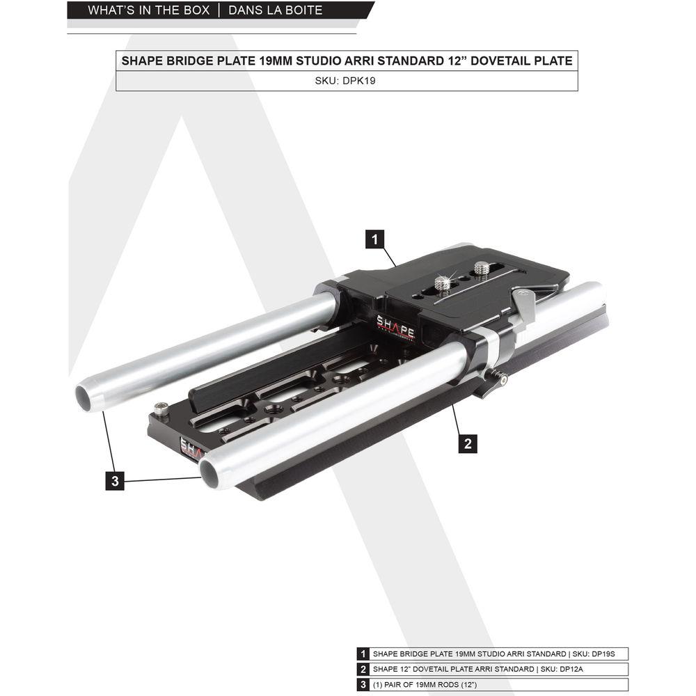 SHAPE ARRI Standard Studio Bridgeplate and 12" Dovetail Plate with 19mm Rods