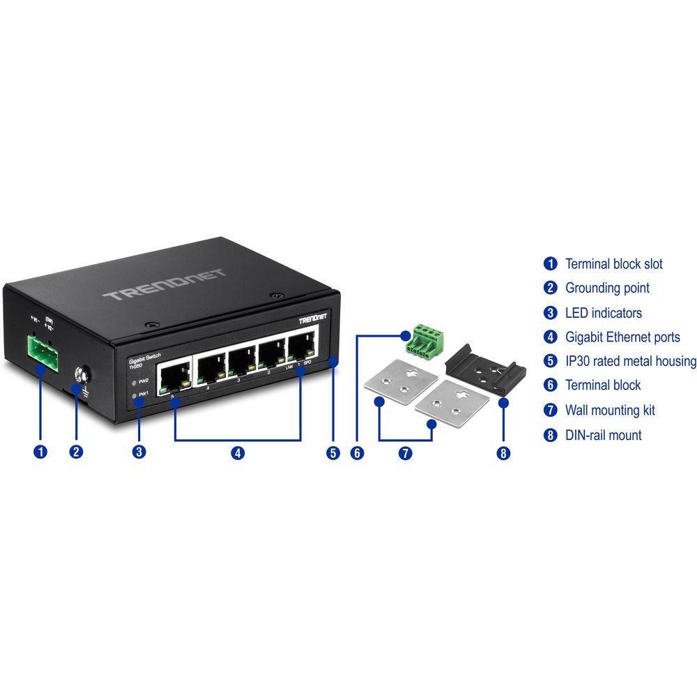 TRENDnet TI-G50 5-Port Hardened Industrial Gigabit DIN-Rail Switch