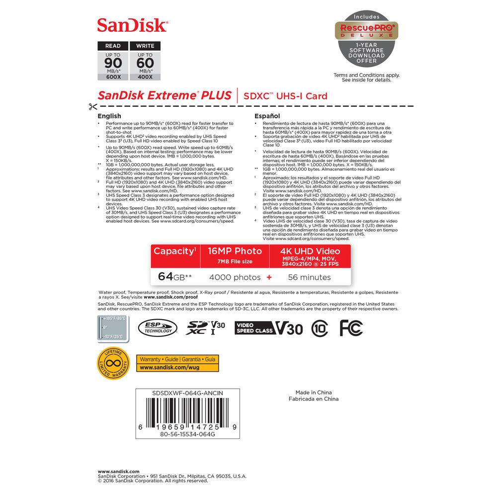 SanDisk 64GB Extreme PLUS UHS-I SDXC Memory Card