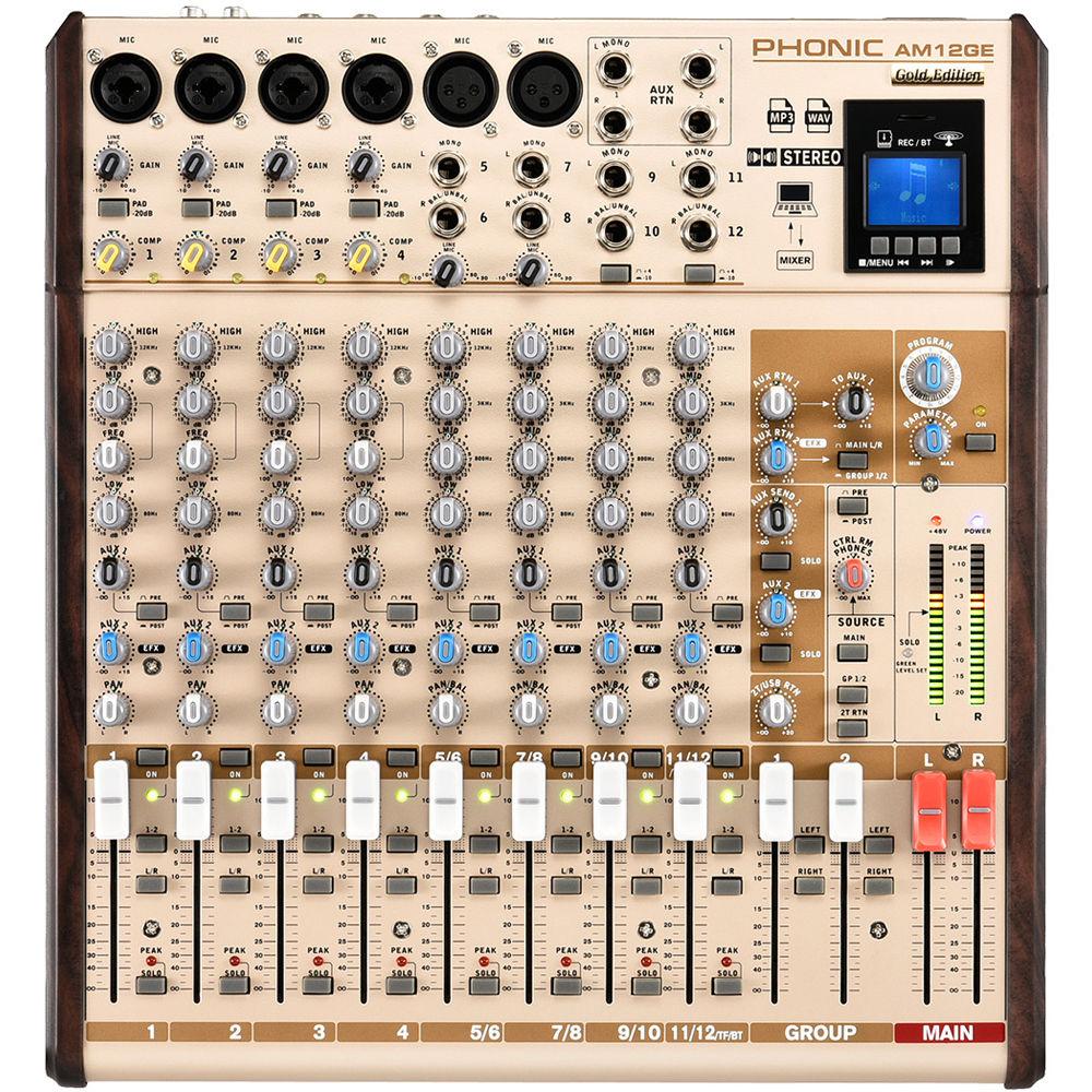 Phonic AM12GE - AM Gold Edition Compact Mixer with Group Output, DFX, Bluetooth, TF Recorder, and USB Interface, Phonic, AM12GE, AM, Gold, Edition, Compact, Mixer, with, Group, Output, DFX, Bluetooth, TF, Recorder, USB, Interface