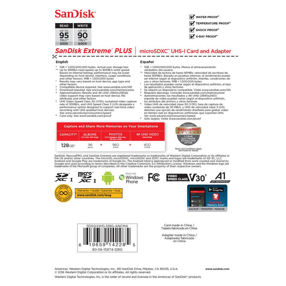 SanDisk 128GB Extreme PLUS UHS-I microSDXC Memory Card with SD Adapter