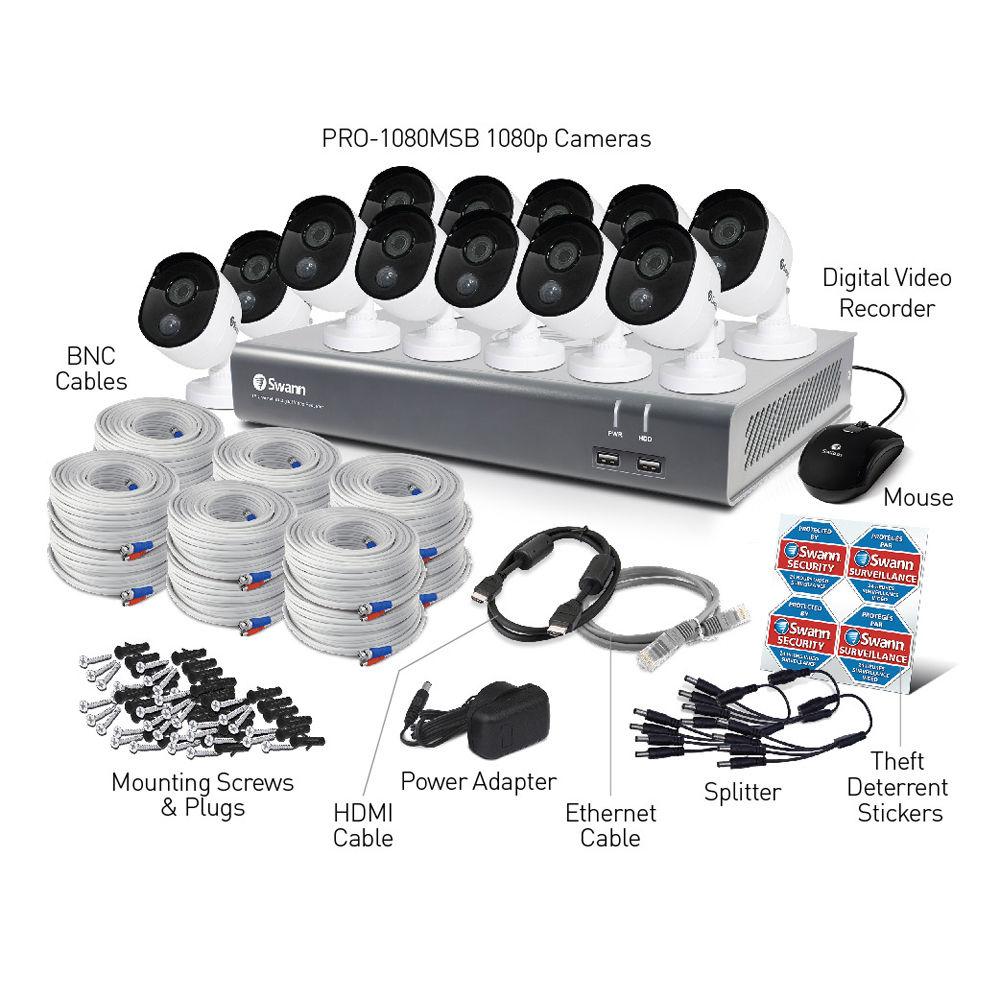 Swann 16-Channel 1080p DVR with 1TB HDD & 12 1080p Outdoor Night Vision Bullet Cameras
