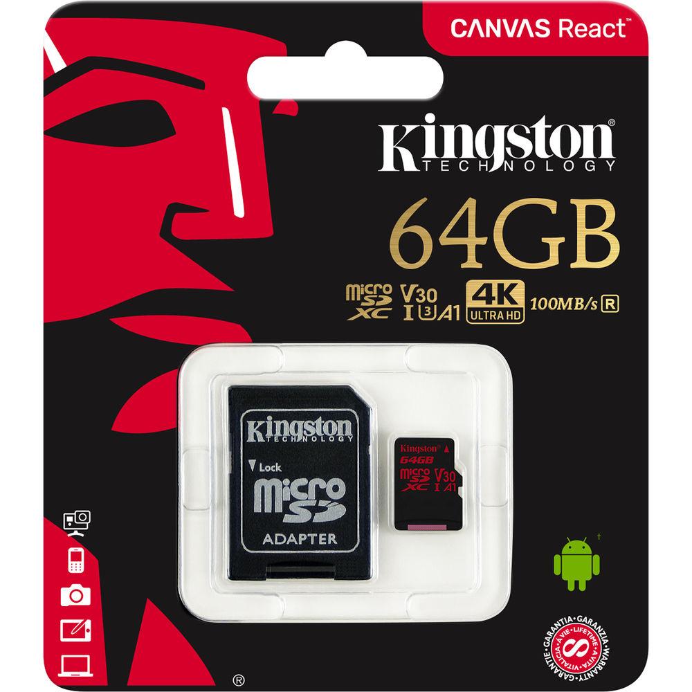 Kingston 64GB Canvas React UHS-I microSDXC Memory Card with SD Adapter